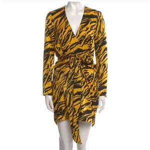 Ronny Kobo Yellow Black Tiger Animal Print Ruched Mini Dress Long Sleeve XS